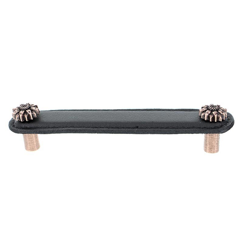 Vicenza Hardware Leather Collection 5" (128mm) Margherita Pull in Black Leather in Antique Copper