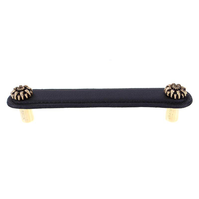 Vicenza Hardware Leather Collection 5" (128mm) Margherita Pull in Black Leather in Antique Gold