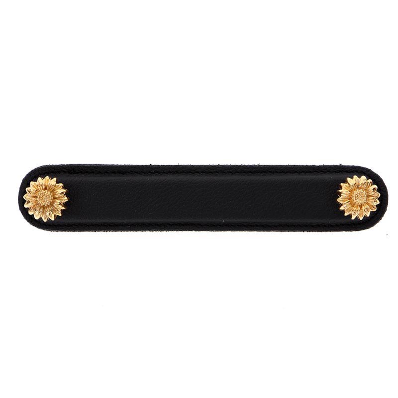 Vicenza Hardware Leather Collection 5" (128mm) Margherita Pull in Black Leather in Polished Gold