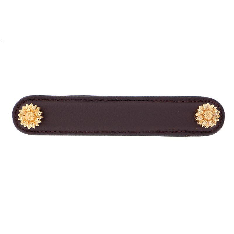 Vicenza Hardware Leather Collection 5" (128mm) Margherita Pull in Brown Leather in Polished Gold