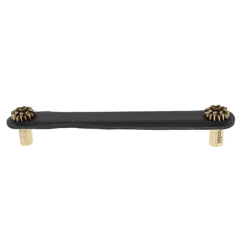 Vicenza Hardware Leather Collection 6" (152mm) Margherita Pull in Black Leather in Antique Brass