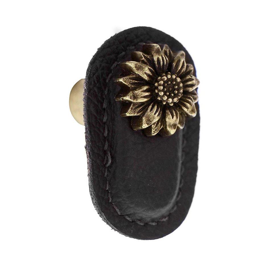 Vicenza Hardware Leather Collection Margherita Knob in Black Leather in Antique Brass