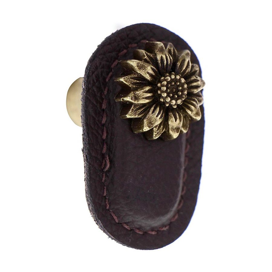 Vicenza Hardware Leather Collection Margherita Knob in Brown Leather in Antique Brass