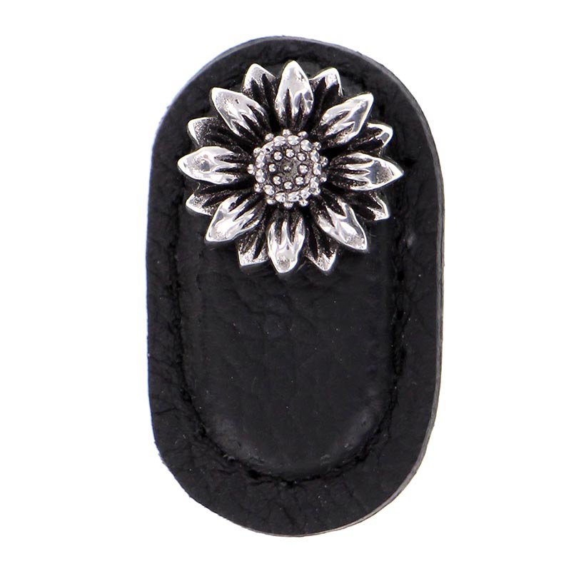 Vicenza Hardware Leather Collection Margherita Knob in Black Leather in Antique Silver