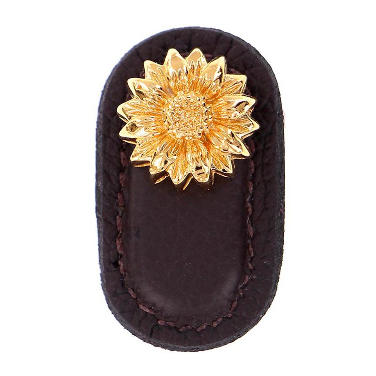 Vicenza Hardware Leather Collection Margherita Knob in Brown Leather in Polished Gold