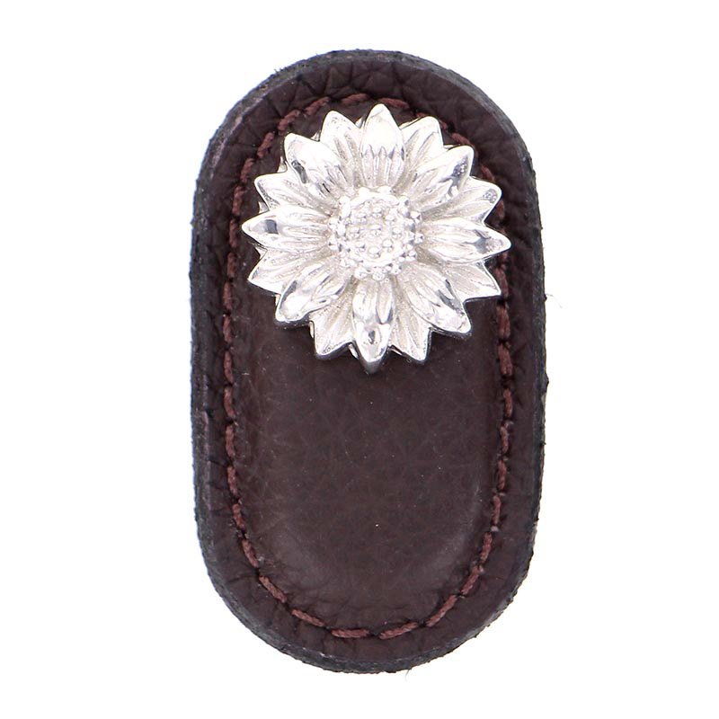 Vicenza Hardware Leather Collection Margherita Knob in Brown Leather in Polished Silver