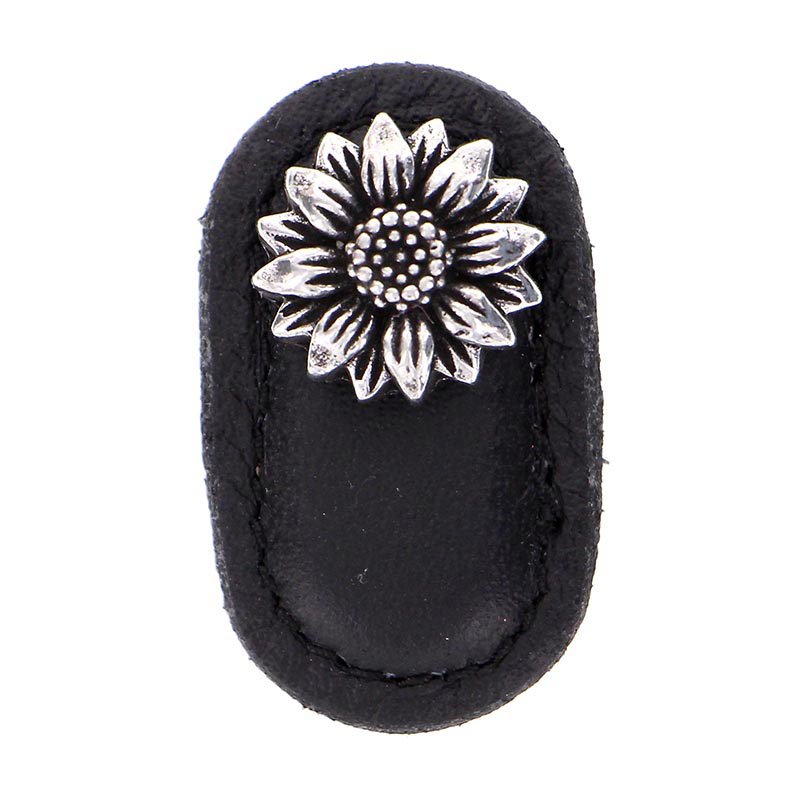 Vicenza Hardware Leather Collection Margherita Knob in Black Leather in Vintage Pewter