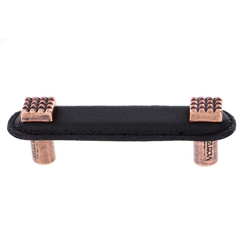 Vicenza Hardware Leather Collection 3" (76mm) Solferino Pull in Black Leather in Antique Copper