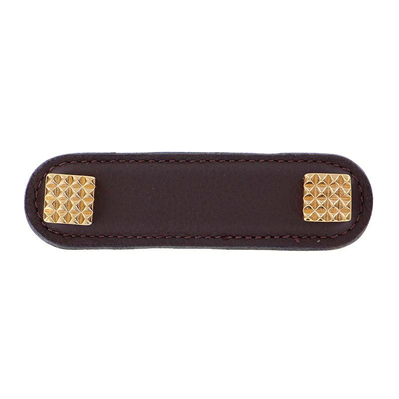 Vicenza Hardware Leather Collection 3" (76mm) Solferino Pull in Brown Leather in Polished Gold