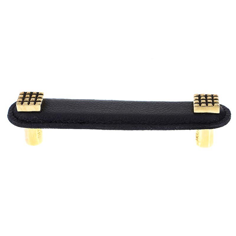 Vicenza Hardware Leather Collection 4" (102mm) Solferino Pull in Black Leather in Antique Gold