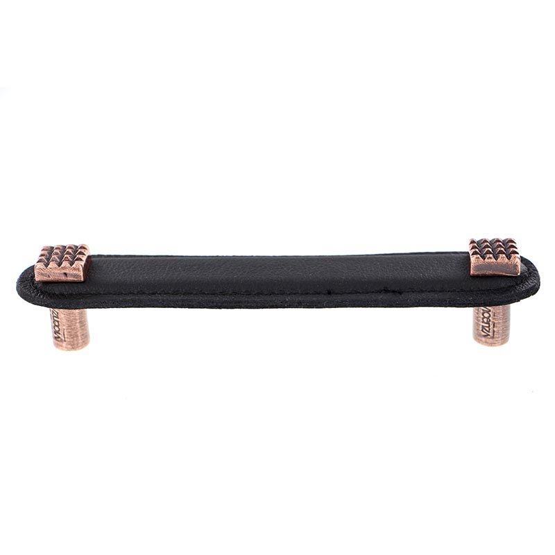 Vicenza Hardware Leather Collection 5" (128mm) Solferino Pull in Black Leather in Antique Copper
