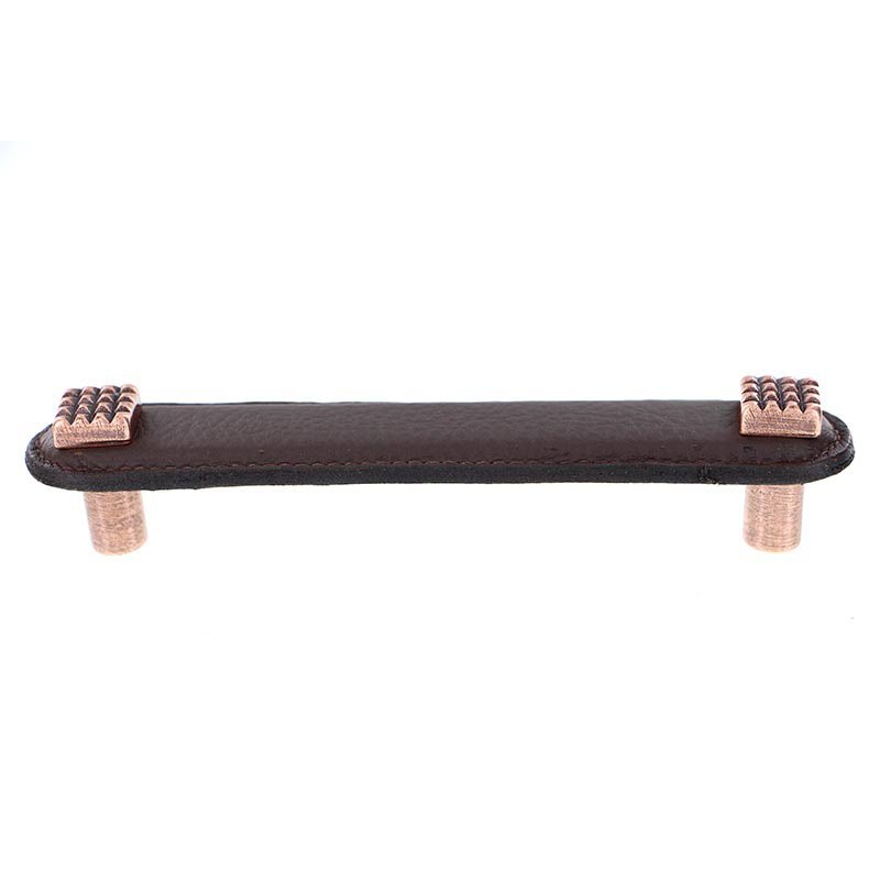 Vicenza Hardware Leather Collection 5" (128mm) Solferino Pull in Brown Leather in Antique Copper