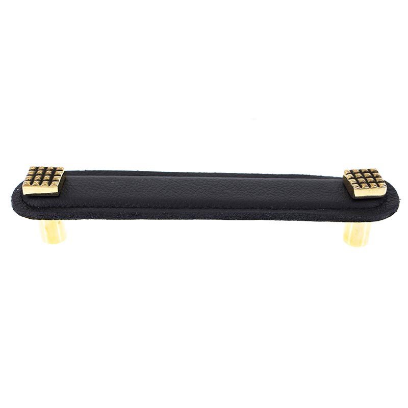Vicenza Hardware Leather Collection 5" (128mm) Solferino Pull in Black Leather in Antique Gold