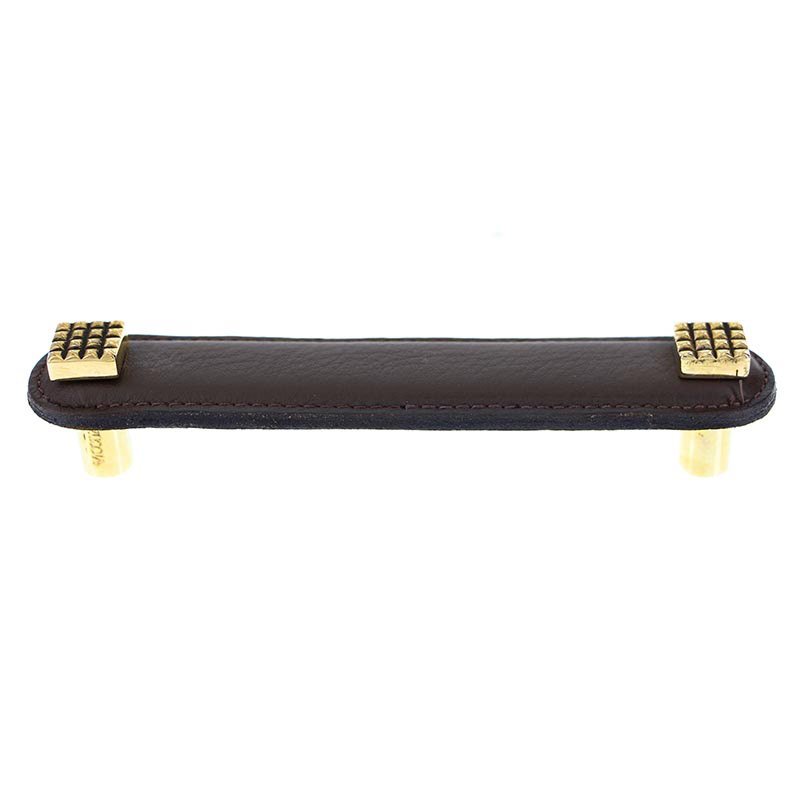 Vicenza Hardware Leather Collection 5" (128mm) Solferino Pull in Brown Leather in Antique Gold