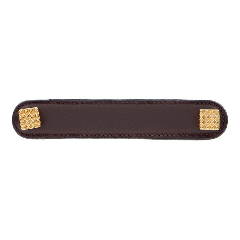 Vicenza Hardware Leather Collection 5" (128mm) Solferino Pull in Brown Leather in Polished Gold