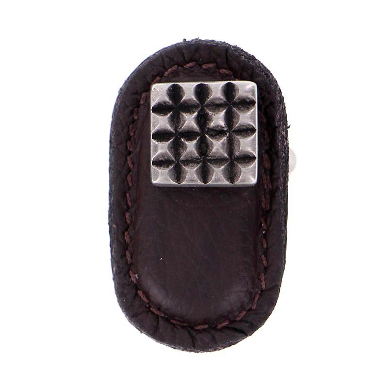 Vicenza Hardware Leather Collection Solferino Knob in Brown Leather in Antique Nickel