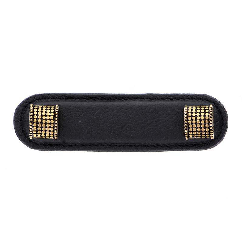 Vicenza Hardware Leather Collection 3" (76mm) Tiziano Pull in Black Leather in Antique Gold