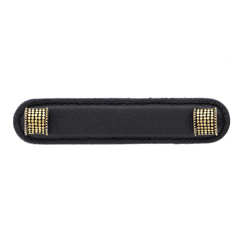 Vicenza Hardware Leather Collection 4" (102mm) Tiziano Pull in Black Leather in Antique Gold