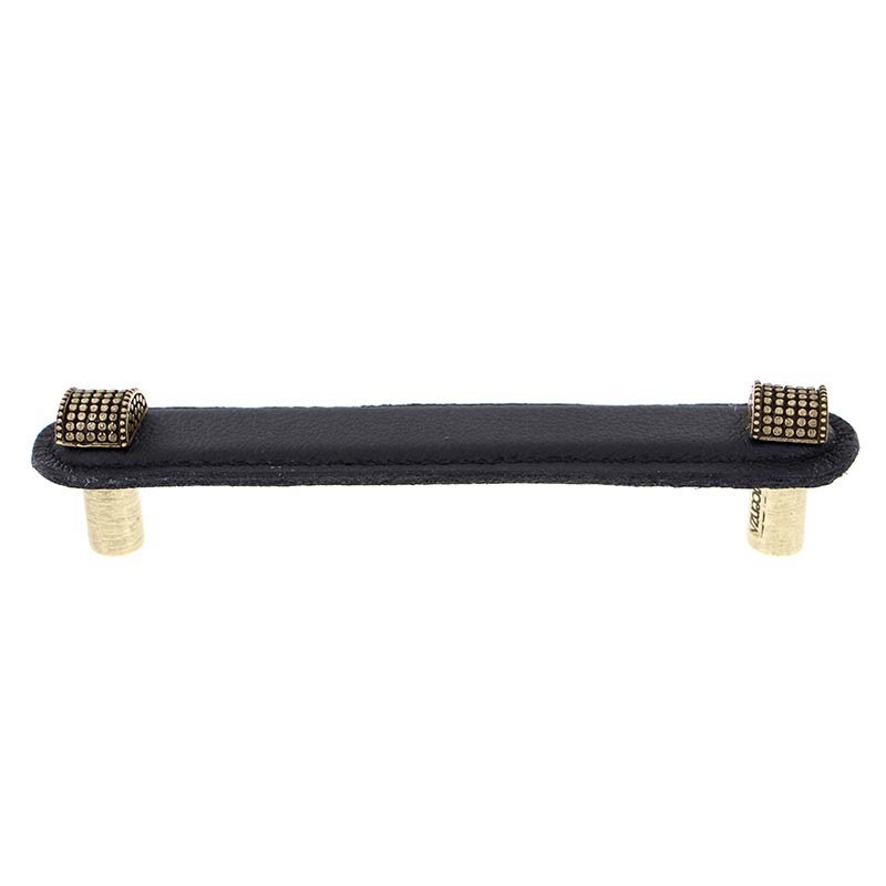 Vicenza Hardware Leather Collection 5" (128mm) Tiziano Pull in Black Leather in Antique Brass