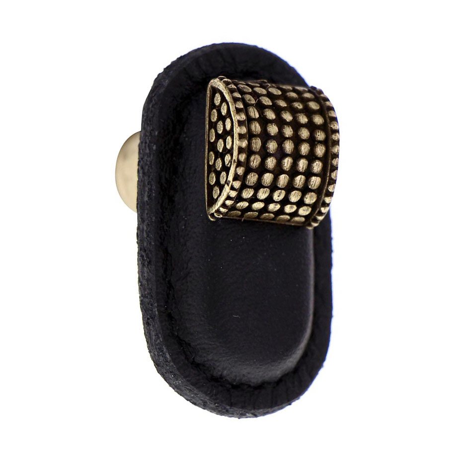 Vicenza Hardware Leather Collection Tiziano Knob in Black Leather in Antique Brass