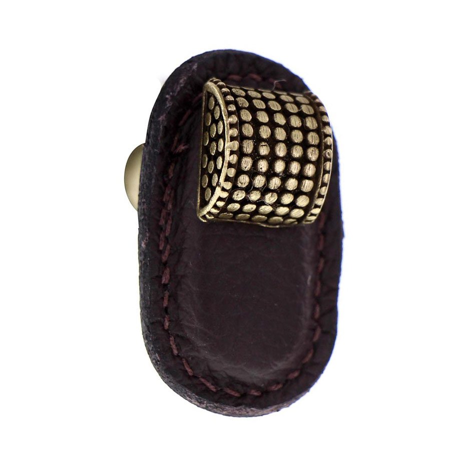 Vicenza Hardware Leather Collection Tiziano Knob in Brown Leather in Antique Brass