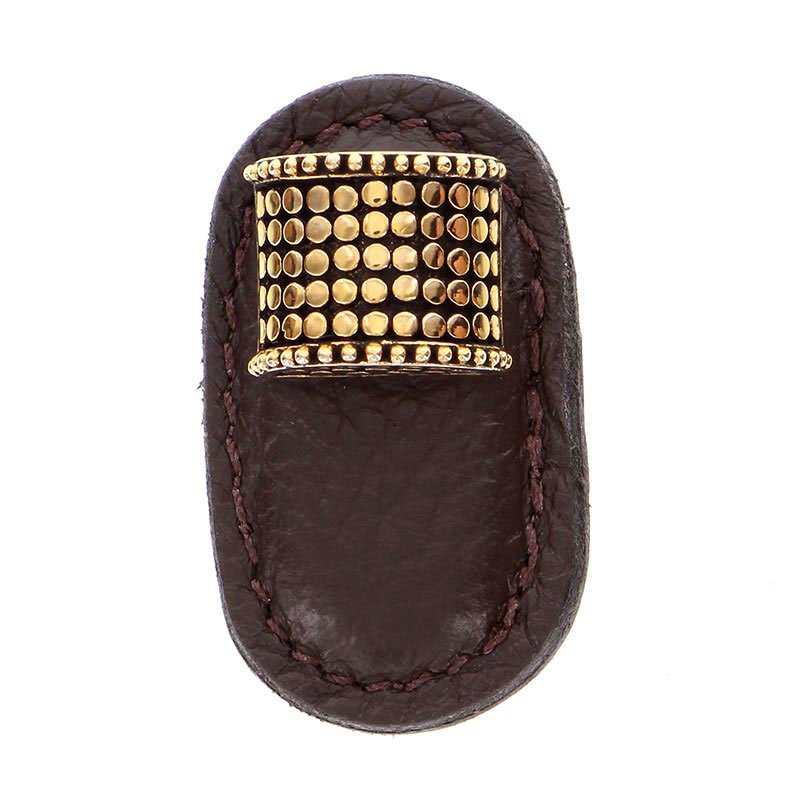 Vicenza Hardware Leather Collection Tiziano Knob in Brown Leather in Antique Gold