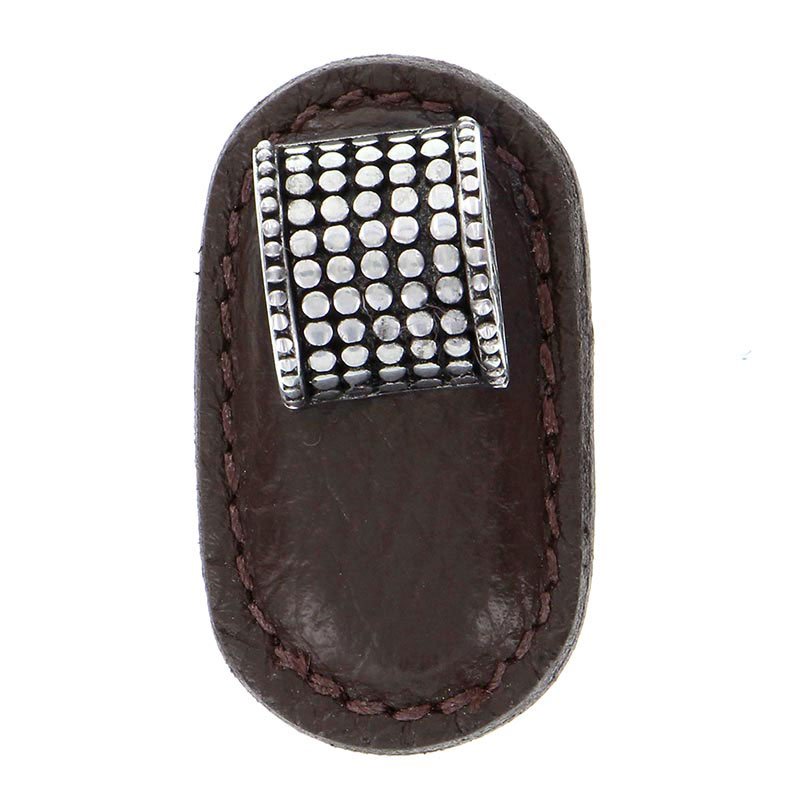 Vicenza Hardware Leather Collection Tiziano Knob in Brown Leather in Antique Silver