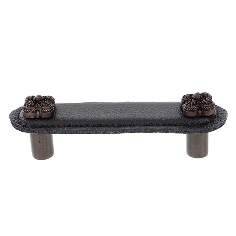 Vicenza Hardware Leather Collection 3" (76mm) Napoli Pull in Black Leather in Oil Rubbed Bronze