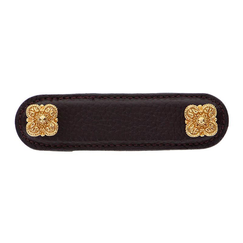 Vicenza Hardware Leather Collection 3" (76mm) Napoli Pull in Brown Leather in Polished Gold
