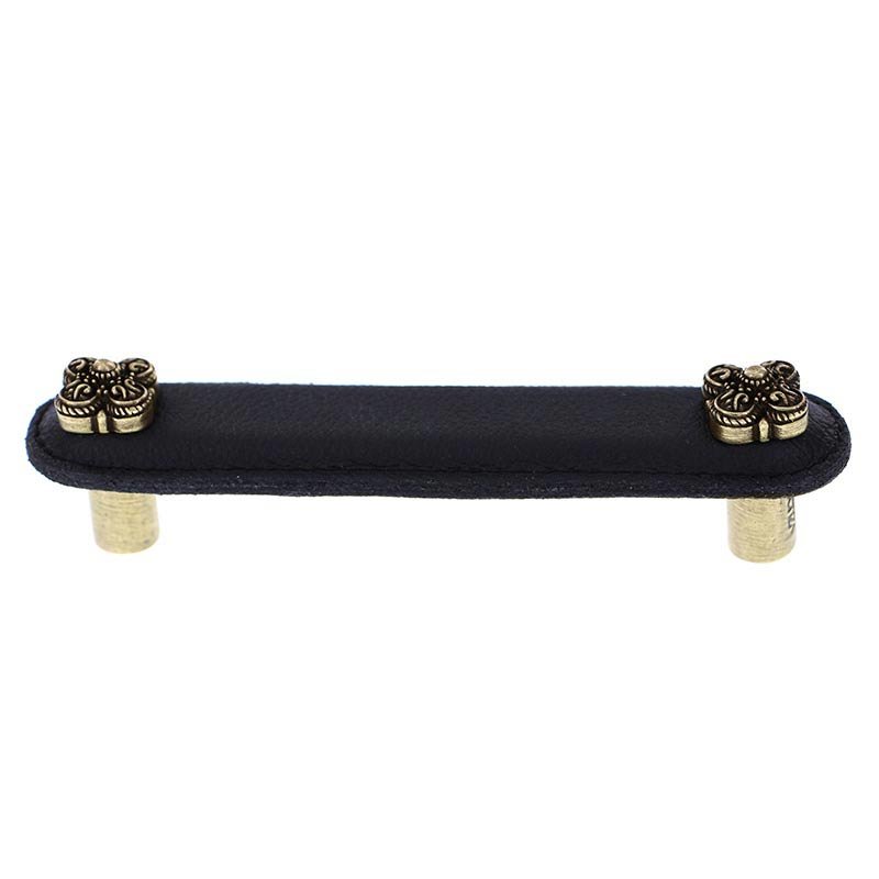 Vicenza Hardware Leather Collection 4" (102mm) Napoli Pull in Black Leather in Antique Brass