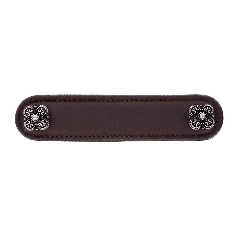 Vicenza Hardware Leather Collection 4" (102mm) Napoli Pull in Brown Leather in Antique Nickel