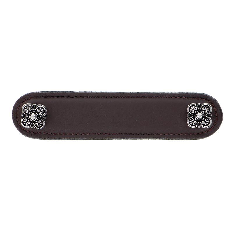 Vicenza Hardware Leather Collection 4" (102mm) Napoli Pull in Brown Leather in Antique Silver