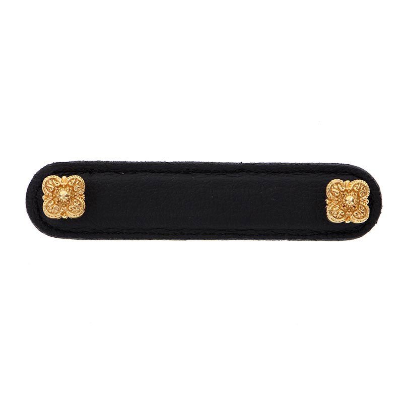 Vicenza Hardware Leather Collection 4" (102mm) Napoli Pull in Black Leather in Polished Gold