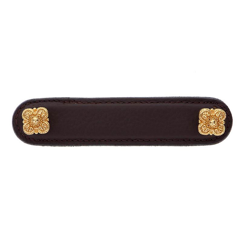 Vicenza Hardware Leather Collection 4" (102mm) Napoli Pull in Brown Leather in Polished Gold
