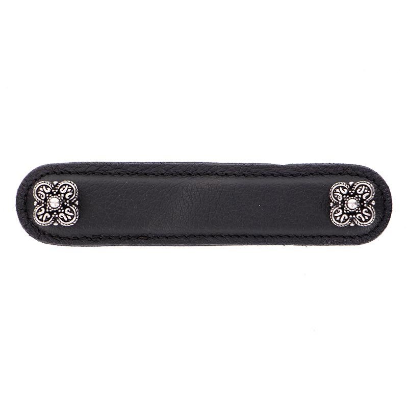 Vicenza Hardware Leather Collection 4" (102mm) Napoli Pull in Black Leather in Vintage Pewter