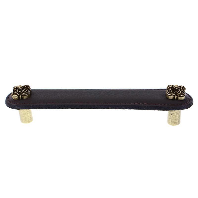 Vicenza Hardware Leather Collection 5" (128mm) Napoli Pull in Brown Leather in Antique Brass