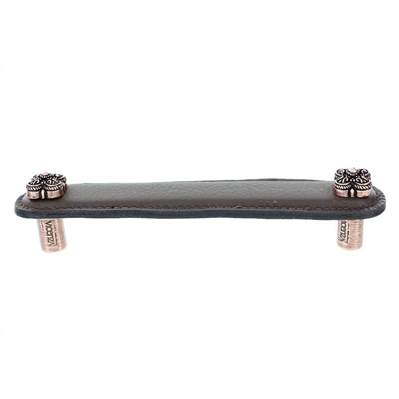Vicenza Hardware Leather Collection 5" (128mm) Napoli Pull in Brown Leather in Antique Copper