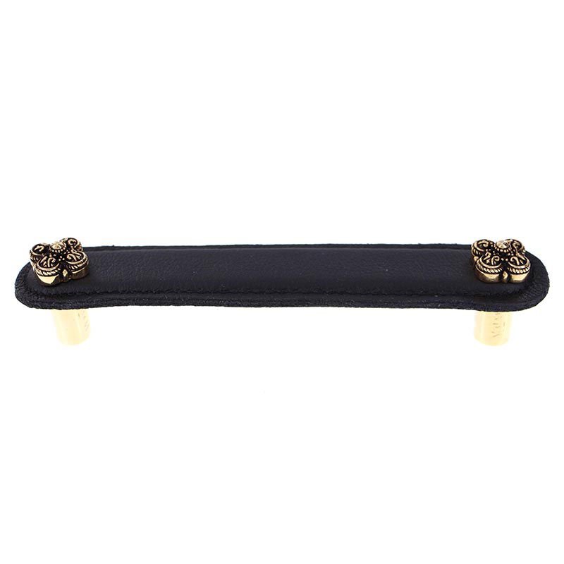 Vicenza Hardware Leather Collection 5" (128mm) Napoli Pull in Black Leather in Antique Gold