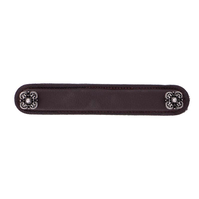Vicenza Hardware Leather Collection 5" (128mm) Napoli Pull in Brown Leather in Antique Nickel