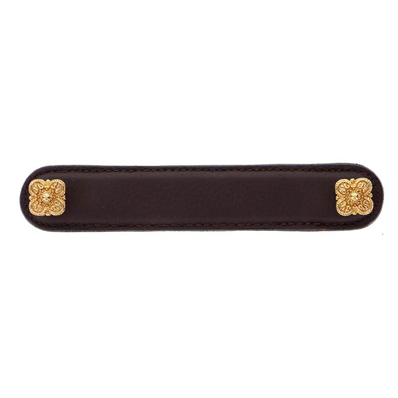 Vicenza Hardware Leather Collection 5" (128mm) Napoli Pull in Brown Leather in Polished Gold
