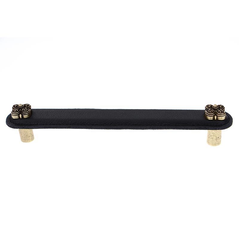 Vicenza Hardware Leather Collection 6" (152mm) Napoli Pull in Black Leather in Antique Brass