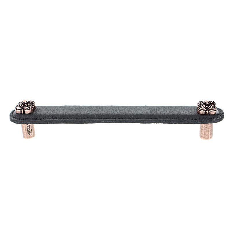 Vicenza Hardware Leather Collection 6" (152mm) Napoli Pull in Black Leather in Antique Copper