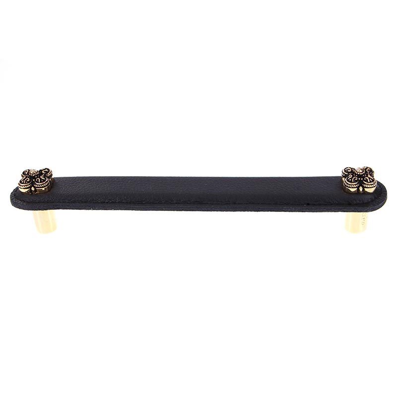 Vicenza Hardware Leather Collection 6" (152mm) Napoli Pull in Black Leather in Antique Gold
