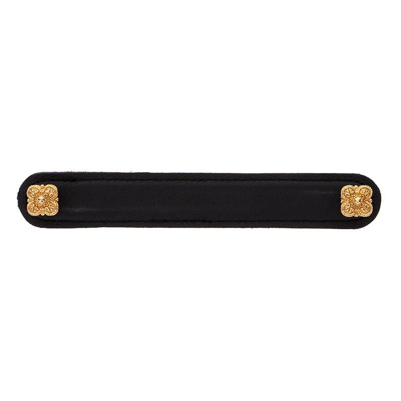 Vicenza Hardware Leather Collection 6" (152mm) Napoli Pull in Black Leather in Polished Gold