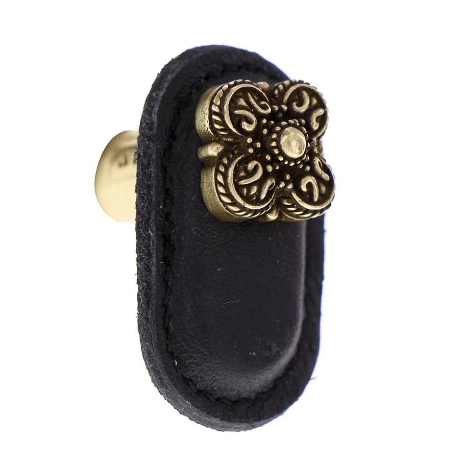 Vicenza Hardware Leather Collection Napoli Knob in Black Leather in Antique Brass