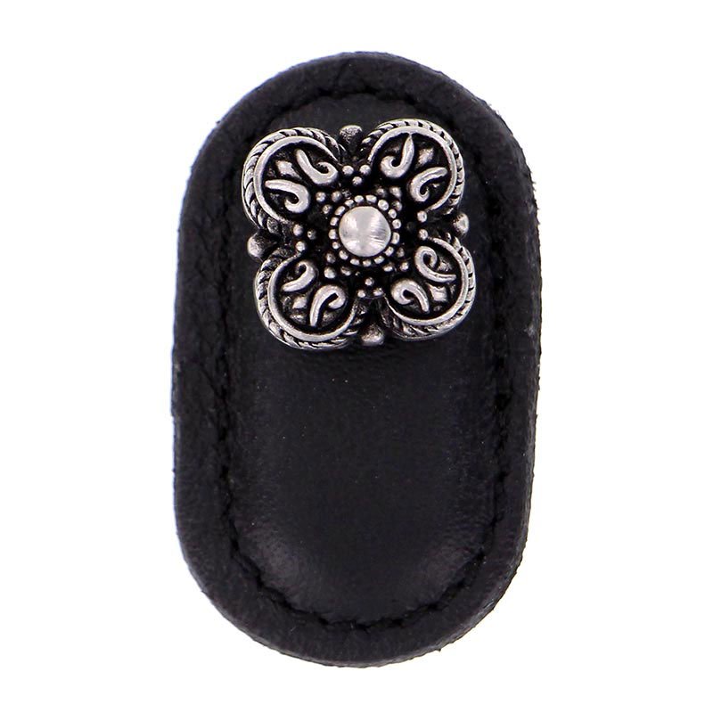 Vicenza Hardware Leather Collection Napoli Knob in Black Leather in Antique Nickel