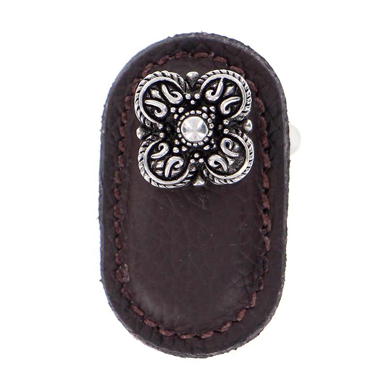 Vicenza Hardware Leather Collection Napoli Knob in Brown Leather in Antique Silver