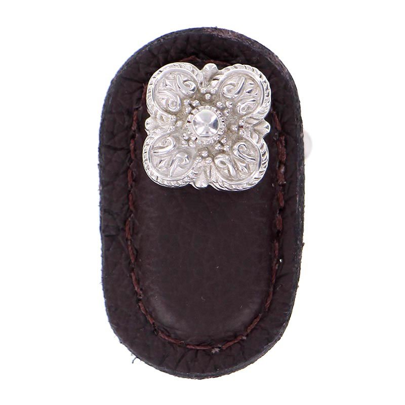 Vicenza Hardware Leather Collection Napoli Knob in Brown Leather in Polished Silver
