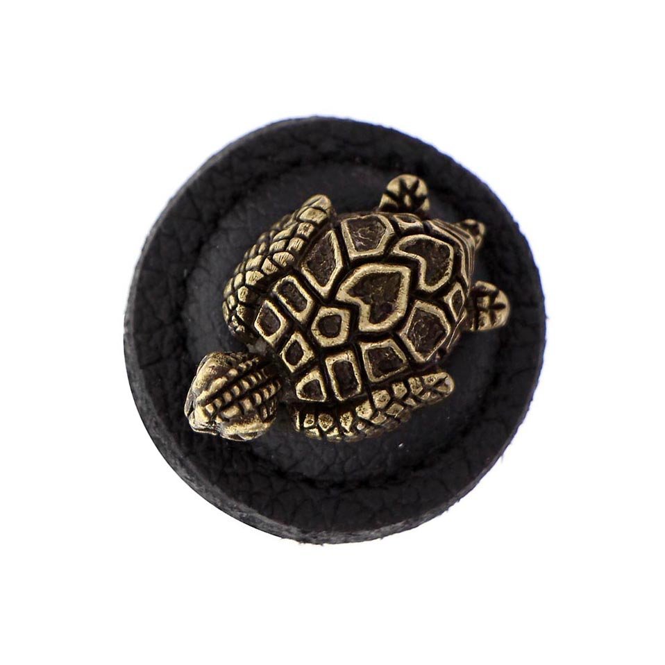 Vicenza Hardware 1 1/4" Round Turtle Knob with Leather Insert in Antique Brass with Black Leather Insert