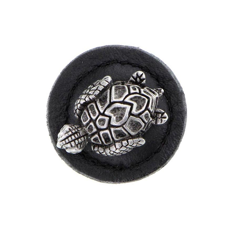 Vicenza Hardware 1 1/4" Round Turtle Knob with Leather Insert in Antique Nickel with Black Leather Insert
